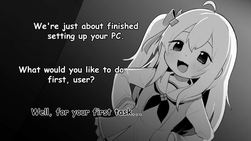 1girl, ahoge, blush, bow, commentary, dress, english_commentary, english_text