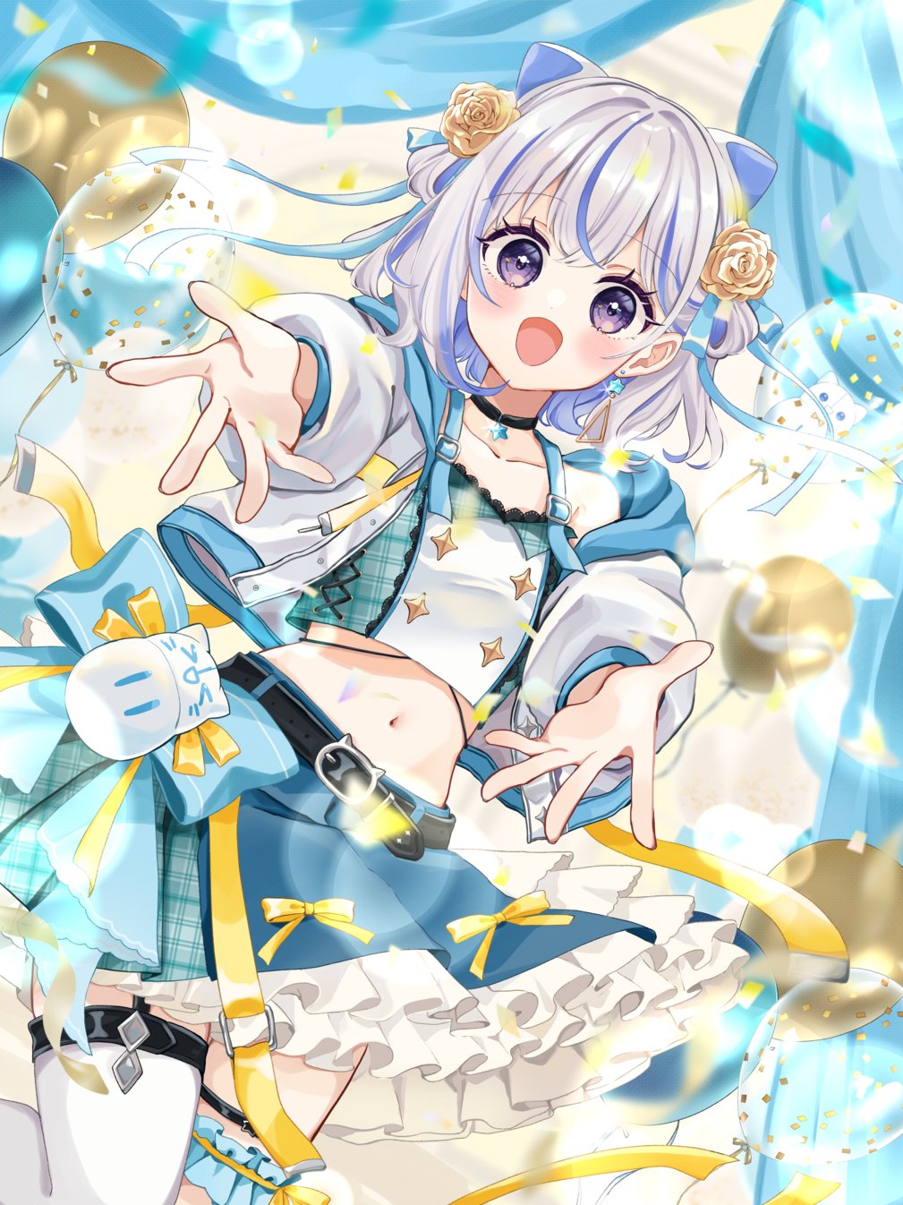 >_<, 1girl, :d, animal_ears, balloon, belt, black_belt, blue_hair