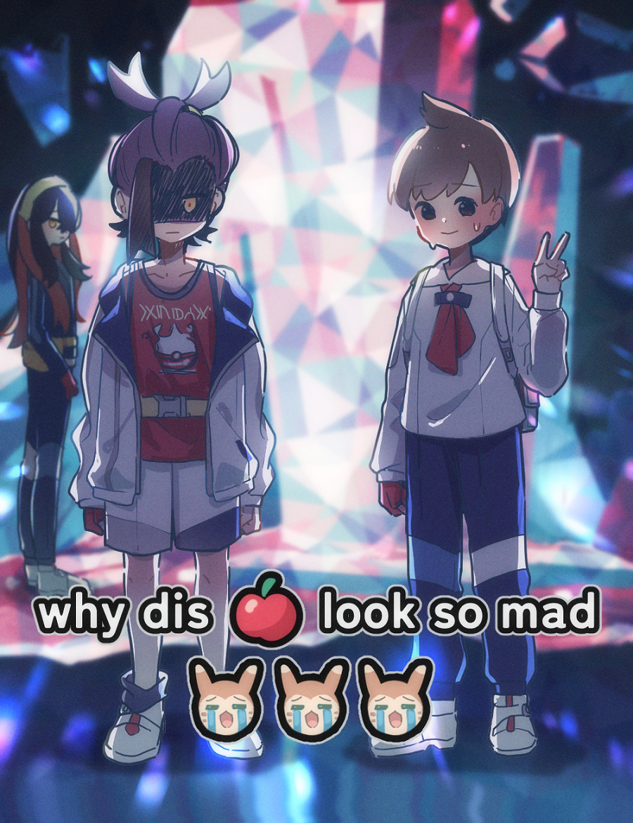 1girl, 2boys, blue_pants, brown_hair, carmine_(pokemon), cave_interior, closed_mouth, collarbone, collared_shirt, commentary_request, florian_(pokemon), furret, gloves, hand_up, jacket, kieran_(pokemon), maccha_pamocute, meme, multiple_boys, open_clothes, open_jacket, pants, pokemon, pokemon_sv, red_gloves, red_shirt, shaded_face, shirt, shoes, short_hair, shorts, single_glove, smile, socks, standing, sweat, v, white_footwear, white_jacket, white_shirt, white_shorts, why_dis_ninja_look_so_mad_(meme), yellow_eyes