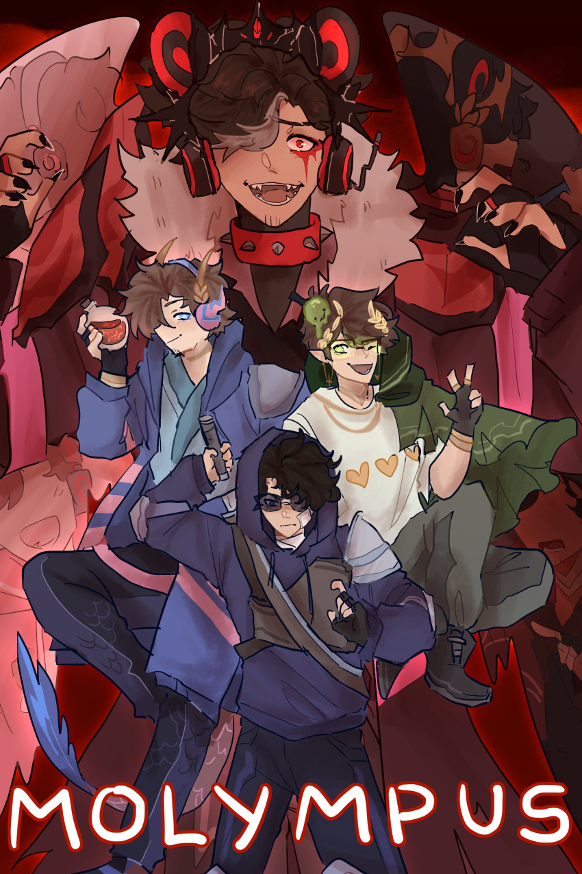 6+boys, absurdres, adapted_costume, animal_ears, armor, bear_ears, bizly, black_hair