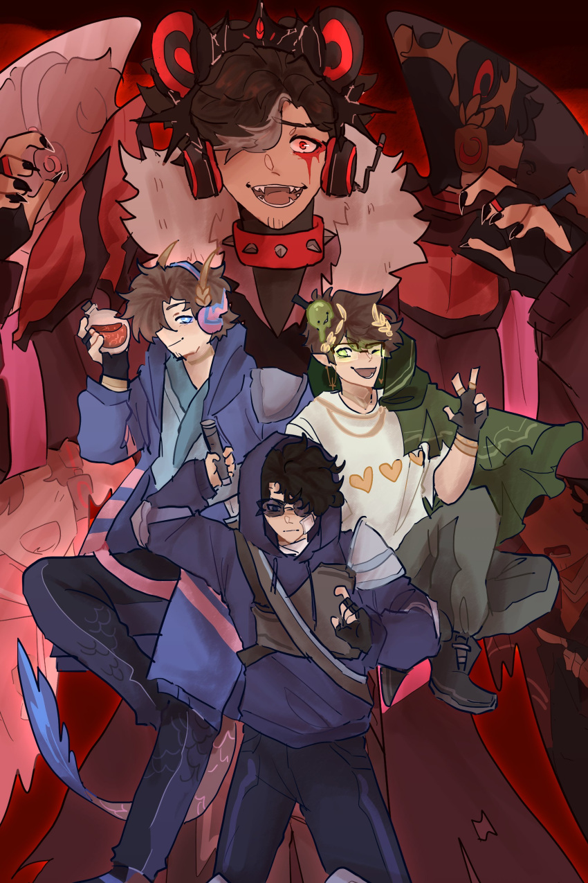 6+boys, absurdres, adapted_costume, animal_ears, armor, bear_ears, bizly, black_hair