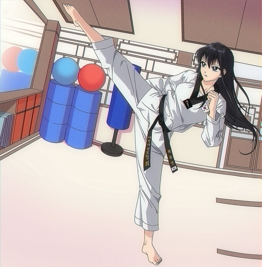 1girl, ball, belt, black_belt, black_hair, black_trim, choi_yu-jin_(bcdsg), collarbone