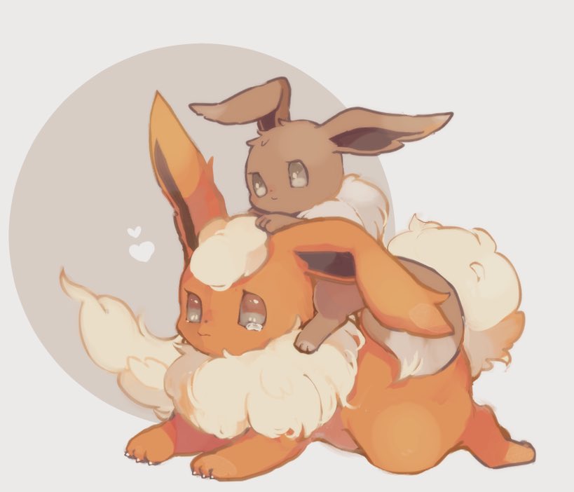 animal_focus, animal_hands, brown_eyes, brown_fur, brown_sclera, claws, closed_mouth, colored_sclera, eevee, flareon, full_body, heart, light_frown, looking_to_the_side, neck_fur, no_humans, orange_fur, pokemon, pokemon_(creature), simple_background, sukinadake, tearing_up, two-tone_fur, white_background, yellow_fur