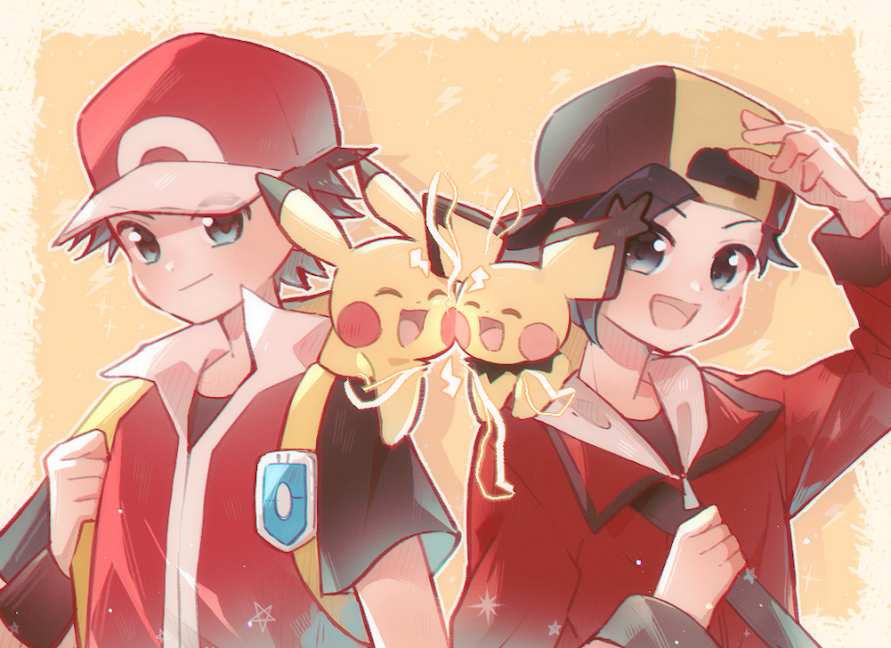 2boys, :d, backwards_hat, closed_mouth, commentary_request, electricity, ethan_(pokemon), happy, hat, holding_strap, jacket, long_sleeves, maccha_pamocute, male_focus, multiple_boys, open_mouth, pichu, pikachu, pokemon, pokemon_(creature), pokemon_hgss, red_(pokemon), red_hat, red_jacket, red_vest, shirt, short_hair, short_sleeves, smile, star_(symbol), t-shirt, vest, vs_seeker
