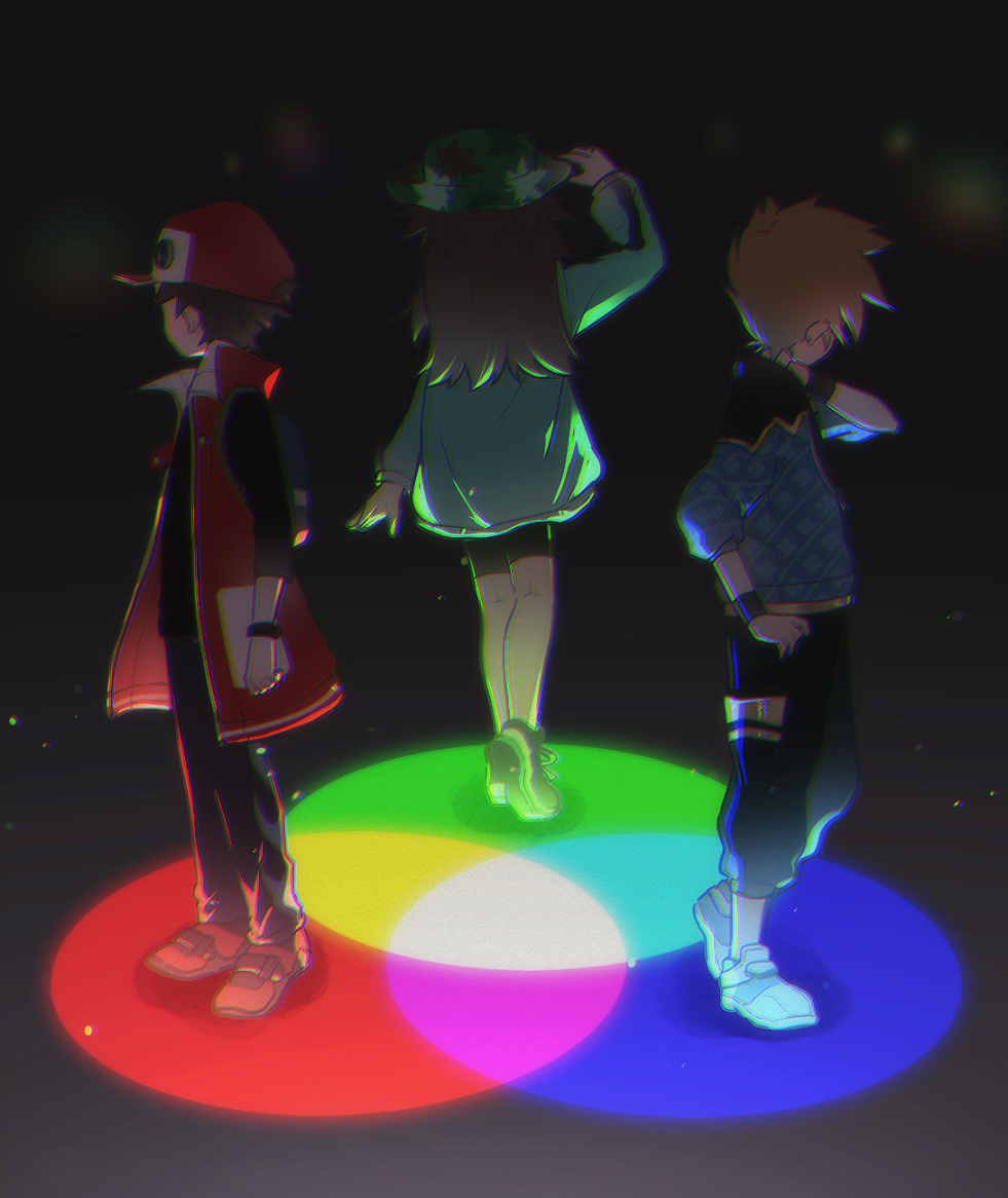 1girl, 2boys, additive_color, adjusting_clothes, adjusting_headwear, baseball_cap, black_shirt, black_shorts