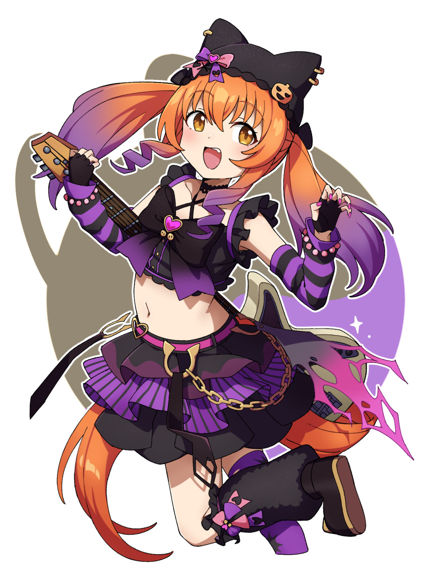1girl, alternate_costume, animal_ears, anime_coloring, belt, blush, breasts, collarbone, full_body, guitar, highres, horse_girl, instrument, leg_up, looking_at_viewer, low_twintails, mayano_top_gun_(umamusume), midriff, navel, orange_eyes, orange_hair, ribbon, sha_(siasha0104), twintails, umamusume, white_background
