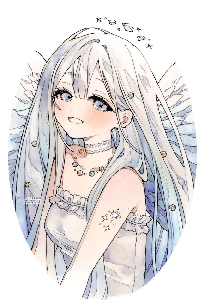1girl, angel, angel_wings, bare_arms, bare_shoulders, blue_eyes, blue_hair, blush