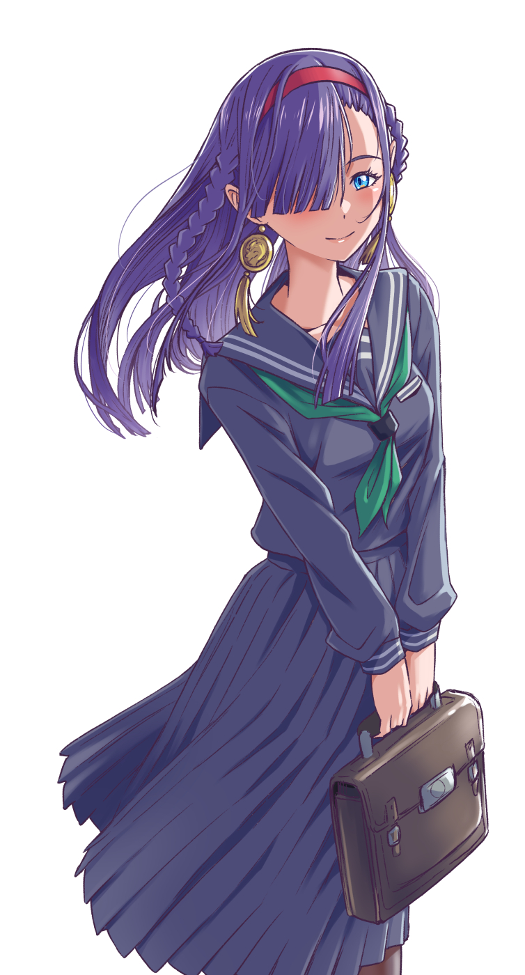 1girl, bag, black_sailor_collar, black_serafuku, black_skirt, blue_eyes, blush, earrings, green_neckerchief, gridman_universe, gridman_universe_(film), hair_over_one_eye, hairband, highres, jewelry, kuroda_asaki, long_hair, long_sleeves, neckerchief, official_alternate_costume, princess_(dynazenon), red_hairband, sailor_collar, school_uniform, serafuku, simple_background, skirt, smile, white_background