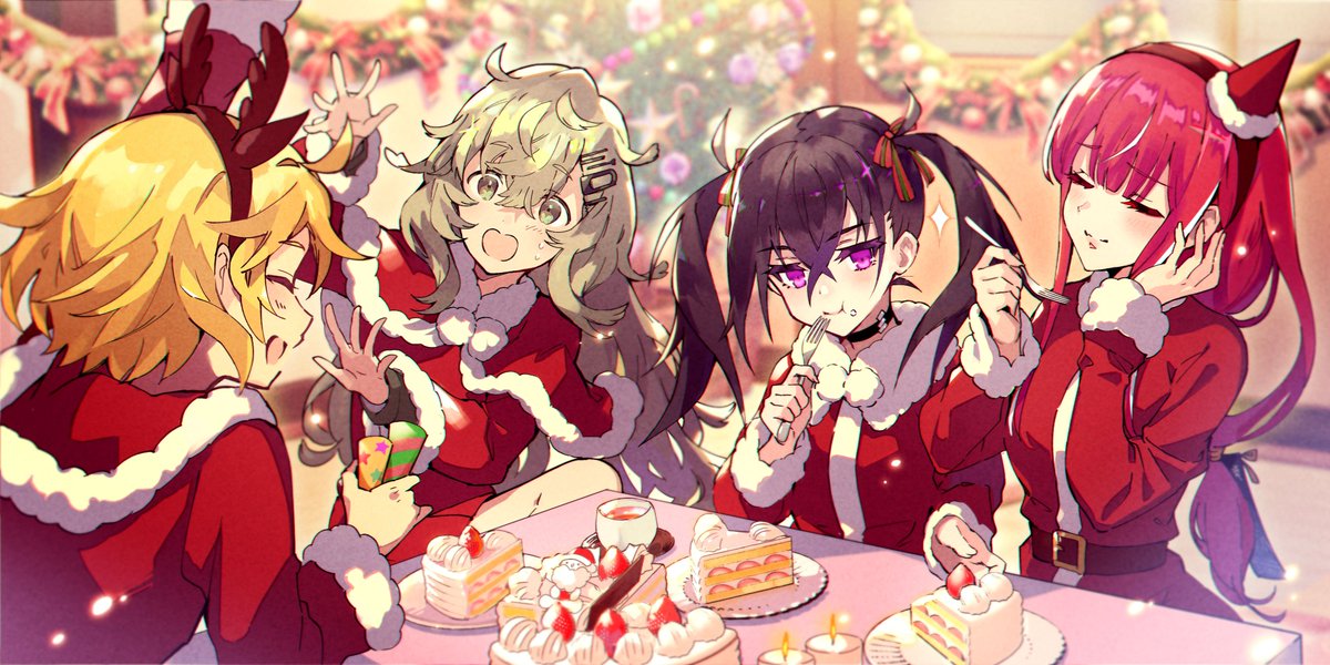 4girls, ^_^, animal_ears, azami_(sakura_ignoramus), belt, blonde_hair, brown_belt, brown_hairband, cake, christmas, christmas_cake, closed_eyes, closed_mouth, commentary_request, crossed_bangs, deer_ears, fake_animal_ears, food, fork, green_eyes, green_hair, hair_between_eyes, hair_ribbon, hairband, hand_on_own_cheek, hand_on_own_face, himawari_(sakura_ignoramus), holding, holding_fork, indoors, jacket, long_hair, long_sleeves, looking_at_another, looking_at_food, medium_hair, multiple_girls, nazuna_(sakura_ignoramus), official_art, party_popper, purple_hair, red_jacket, redhead, ribbon, sakura_ignoramus, santa_costume, sazanka_(sakura_ignoramus), second-party_source, short_hair, sitting, smile, straight_hair, twintails, violet_eyes