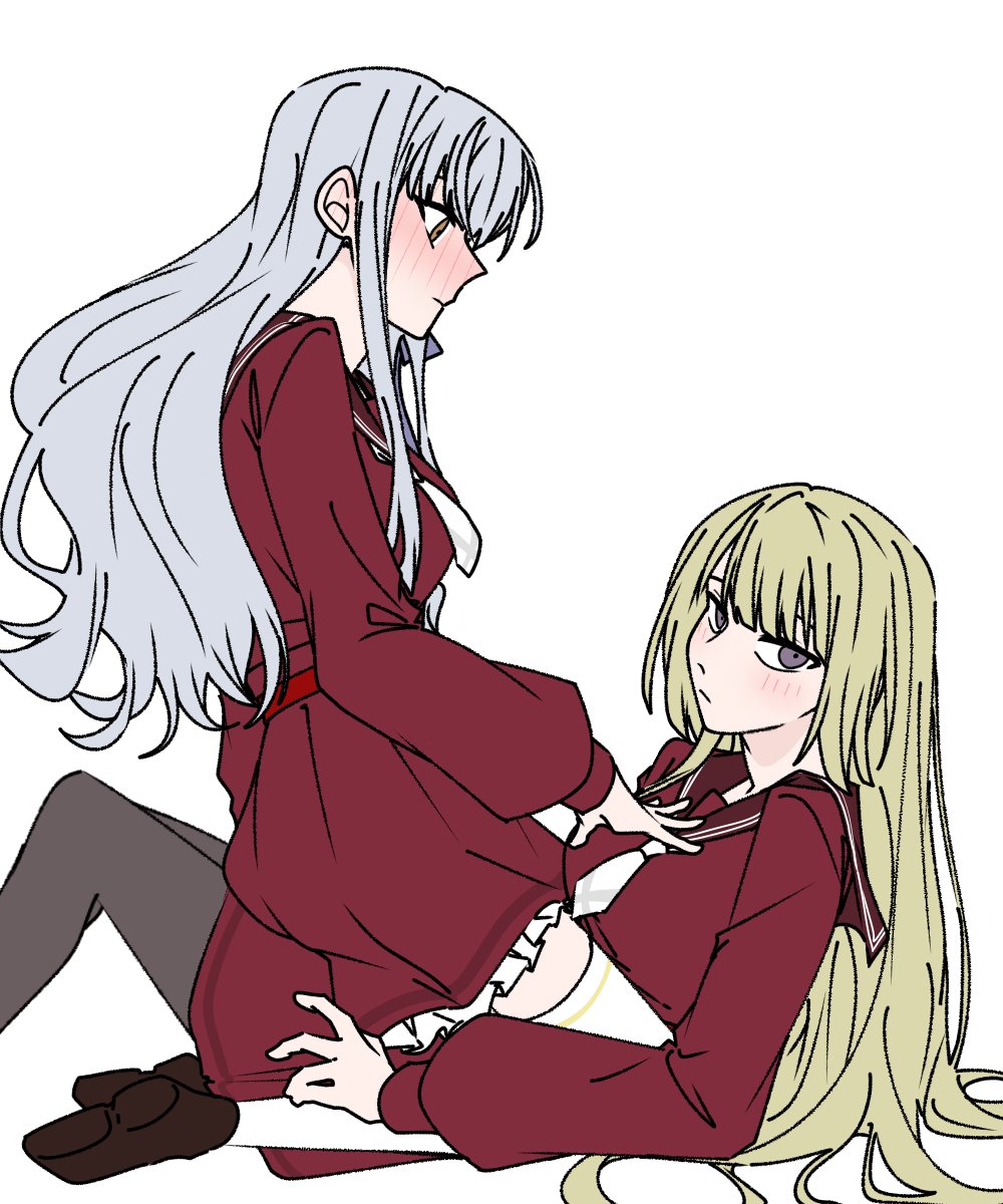 2girls, a_jak, assault_lily, belt, blonde_hair, blush, breasts, brown_footwear