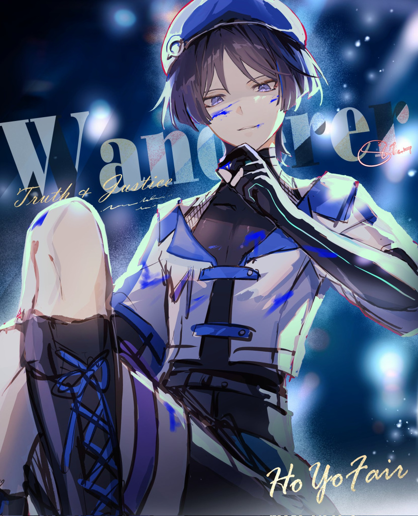 1boy, alternate_costume, beret, black_bodysuit, black_choker, black_footwear, black_gloves, black_hair