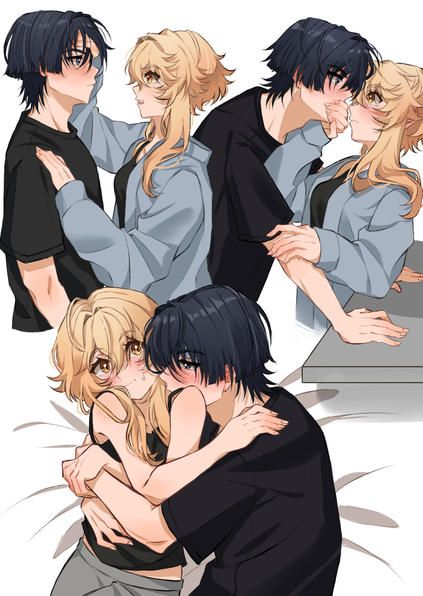 1boy, 1girl, absurdres, adam's_apple, alternate_costume, arm_support, black_eyes, black_hair