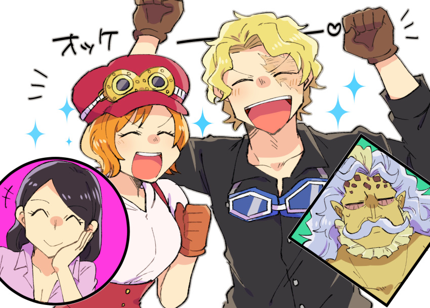 2boys, 2girls, ^_^, black_hair, black_shirt, blonde_hair, blue_hair, brown_gloves