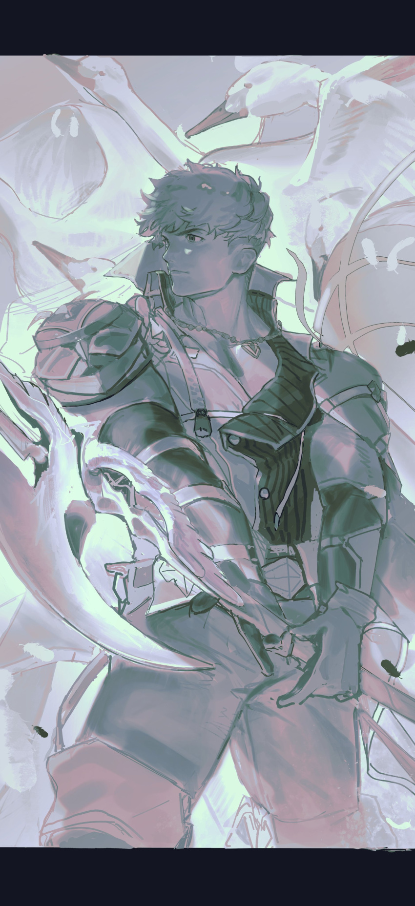 1boy, abs, absurdres, armor, axe, bird, granblue_fantasy, highres