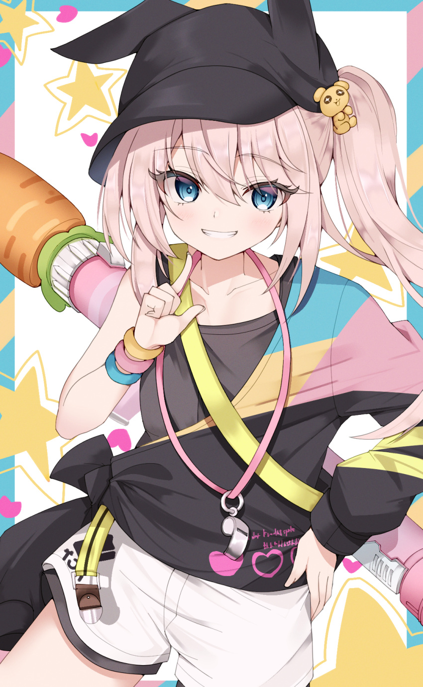 1girl, bare_shoulders, baseball_cap, belt, black_hat, black_shirt, black_survival, blue_eyes