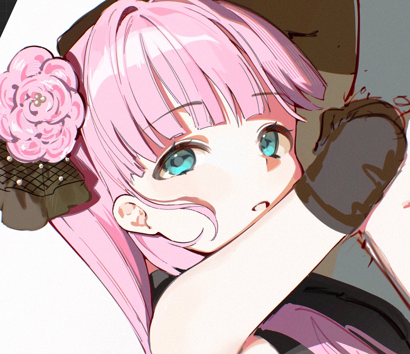 1girl, anyoji_hime, anyoji_hime_(16th_birthday), arm_up, black_dress, black_gloves, blue_eyes, blunt_bangs