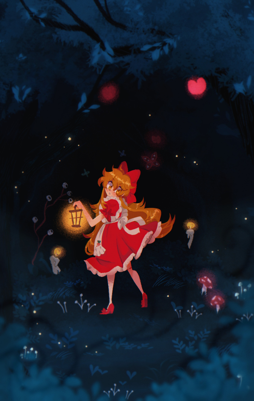 1girl, absurdres, apron, bow, bug, butterfly, candle, commentary