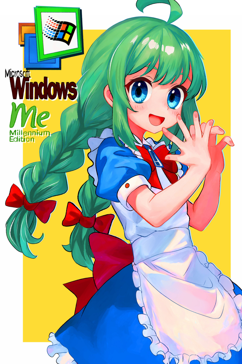 1girl, :d, absurdres, ahoge, alternate_eye_color, apron, blue_dress, blue_eyes