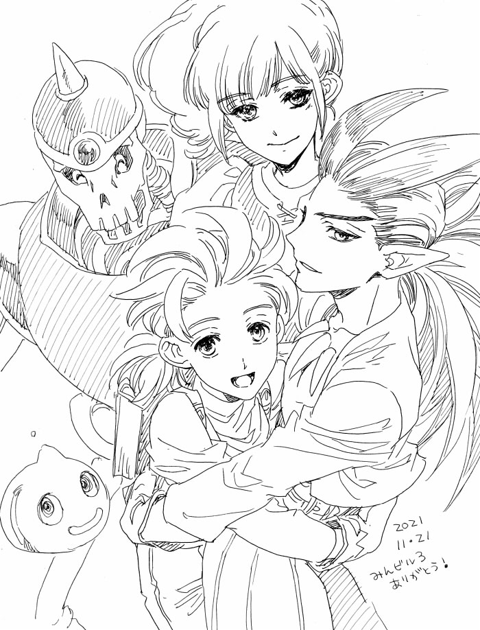 1girl, 2021, 4boys, antenna_hair, bigeroo_(shangmerry), bone_necklace, captain_whitebones_(dqb2), commentary_request, curly_hair, dated, dragon_quest, dragon_quest_builders_2, from_above, hug, jewelry, looking_up, low_ponytail, male_builder_(dqb2), metal_slime, metats_(dqb2), monochrome, multiple_boys, necklace, open_mouth, pointy_ears, ruru_(dqb2), side_ponytail, sidoh_(dqb2), skeleton, sketch, spiky_hair, tooth_necklace, translation_request