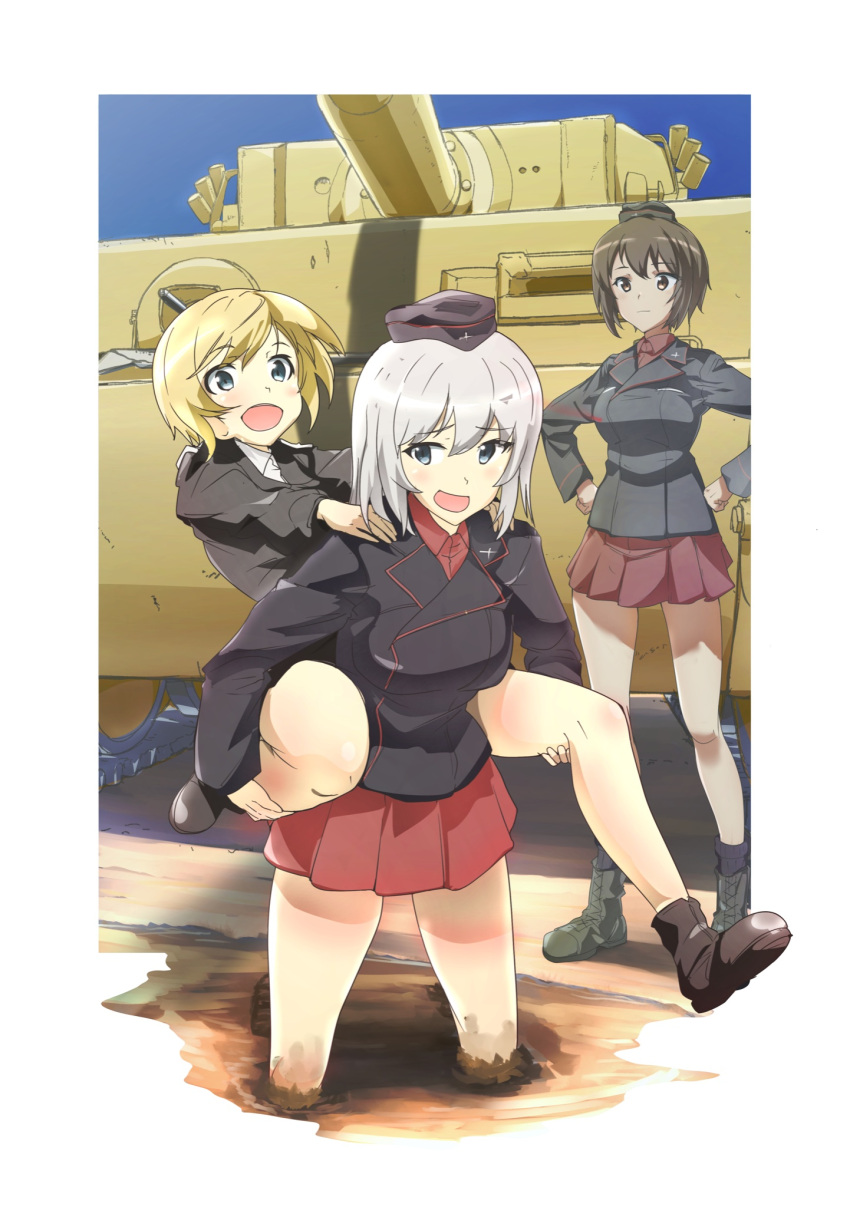 3girls, black_jacket, blonde_hair, brown_hair, carrying, commentary_request, crossover, erica_hartmann, garrison_cap, girls_und_panzer, grabbing_another's_thighs, grey_hair, hands_on_own_hips, hat, highres, itsumi_erika, jacket, kuromorimine_military_uniform, light_smile, long_hair, looking_at_another, looking_back, military_vehicle, miniskirt, motor_vehicle, mud, multiple_girls, name_connection, nishizumi_maho, noah_(0bp3292), piggyback, red_skirt, short_hair, skirt, smile, standing, strike_witches, tank, tiger_i, world_witches_series