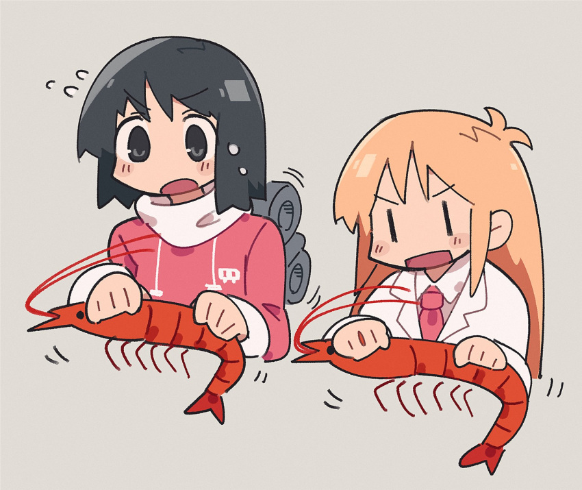 adpx, black_eyes, black_hair, blonde_hair, blush, coat, cropped_torso, ebi_mome_(meme)