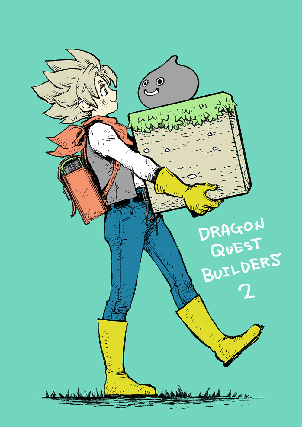 2boys, aqua_background, backpack, bag, blonde_hair, blue_pants, boots, carrying, commentary_request, copyright_name, cube, dirty, dirty_clothes, dirty_face, dragon_quest, dragon_quest_builders_2, from_side, gloves, green_eyes, grey_vest, highres, looking_at_another, male_builder_(dqb2), male_focus, metal_slime, metats_(dqb2), multiple_boys, neckerchief, pants, pippppin, red_bag, red_neckerchief, shirt, smile, spiky_hair, vest, white_shirt, yellow_footwear, yellow_gloves