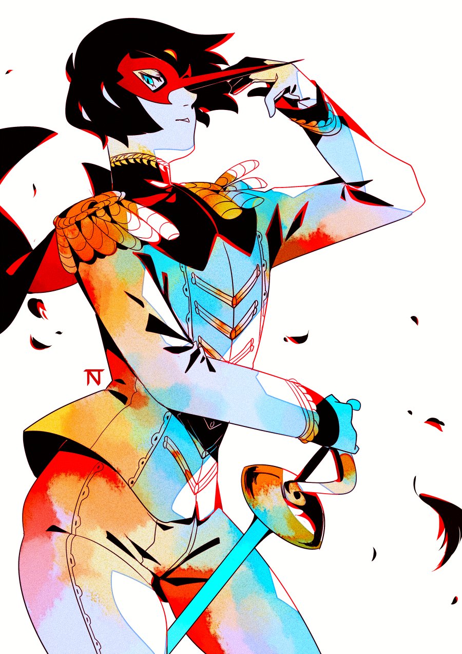 1boy, akechi_gorou, androgynous, bishounen, blue_eyes, cape, cowboy_shot, epaulettes, eye_mask, feathers, gloves, hand_up, highres, holding, holding_sword, holding_weapon, long_sleeves, looking_at_viewer, male_focus, nemirutami, pants, persona, persona_5, pointed_mask, rapier, red_cape, red_mask, short_hair, solo, sword, weapon, white_background, white_gloves, white_pants