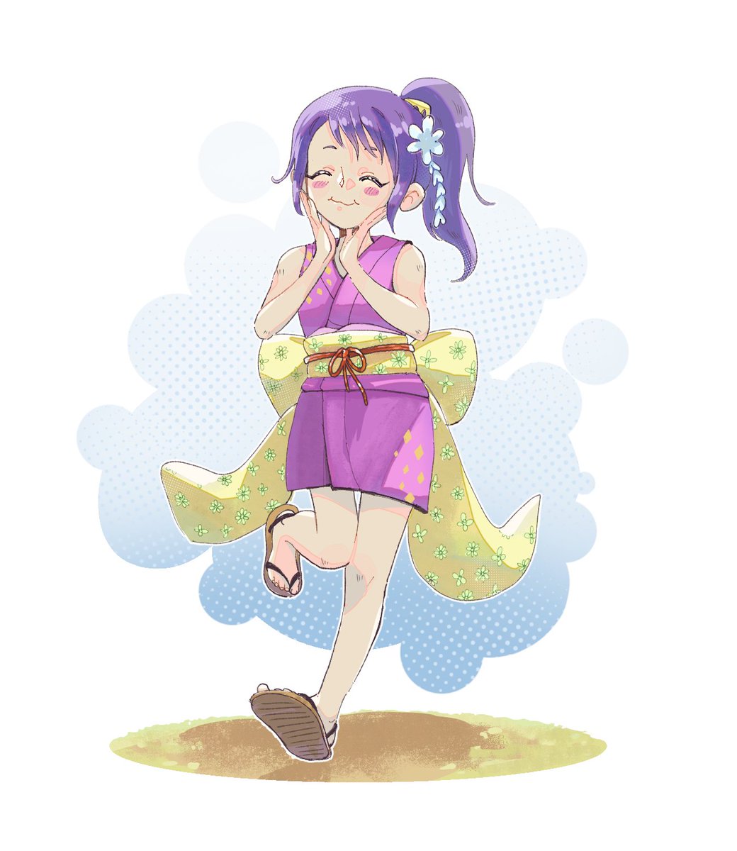 1girl, ^_^, blush_stickers, chewing, child, closed_eyes, diamond_print, flip-flops
