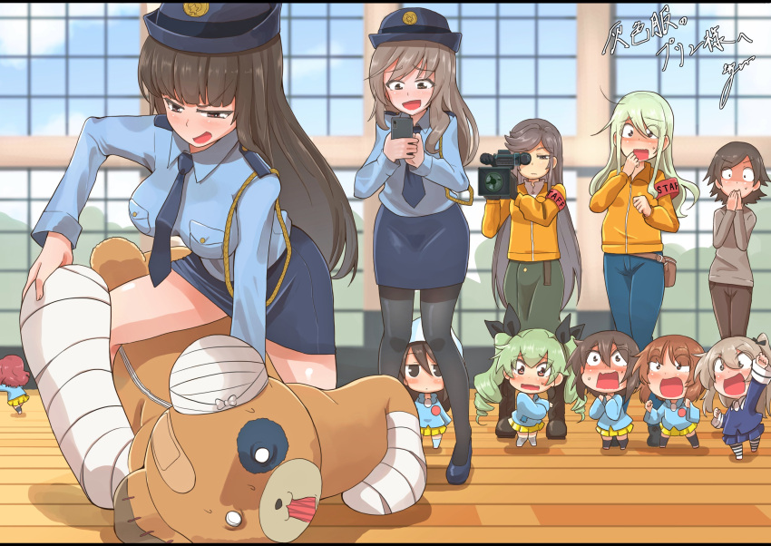 aged_down, alternate_costume, anchovy_(girls_und_panzer), armband, black_pantyhose, boko_(girls_und_panzer), brown_eyes, brown_hair
