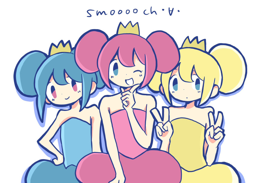 3girls, bare_shoulders, beatmania_(series), beatmania_iidx, blonde_hair, blue_dress, blue_eyes, blue_hair