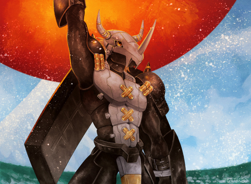arm_belt, arm_guards, arm_up, armor, baltarbd, belt, black_armor, black_belt, black_skin, blackwargreymon, blonde_hair, breastplate, colored_skin, digimon, digimon_(creature), energy_ball, fake_horns, grey_armor, helmet, highres, horned_helmet, horns, looking_at_viewer, multicolored_armor, powering_up, reptile_boy, short_hair, shoulder_armor, shoulder_spikes, sleeveless, solo, spikes, wargreymon, x, yellow_eyes