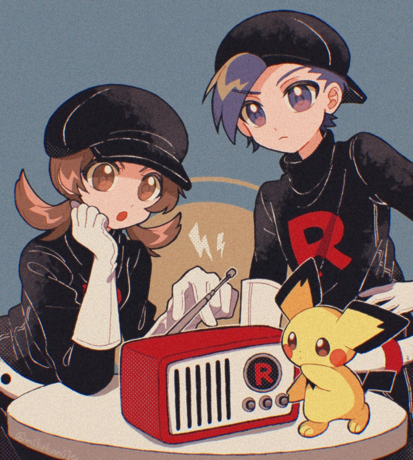 1boy, 1girl, :o, backwards_hat, black_hat, black_shirt, blue_hair, brown_eyes