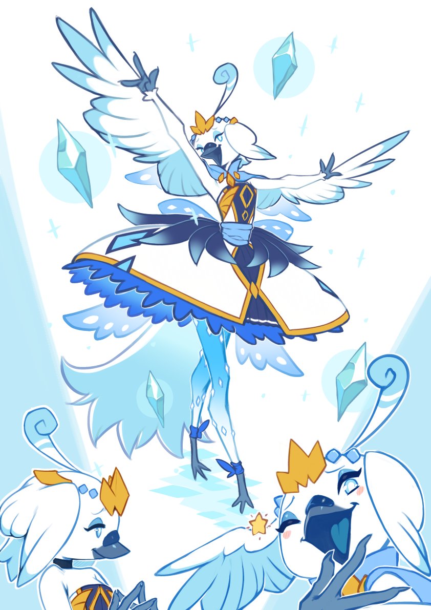 1girl, ahoge, beak, bird_girl, bird_tail, bird_wings, blue_eyes, blue_theme, bow, commentary, crystal, dress, english_commentary, feathered_wings, furry, furry_female, head_wings, koi_drake, lolita_fashion, multiple_views, one_eye_closed, original, standing, star_(symbol), swan_girl, tail, wings
