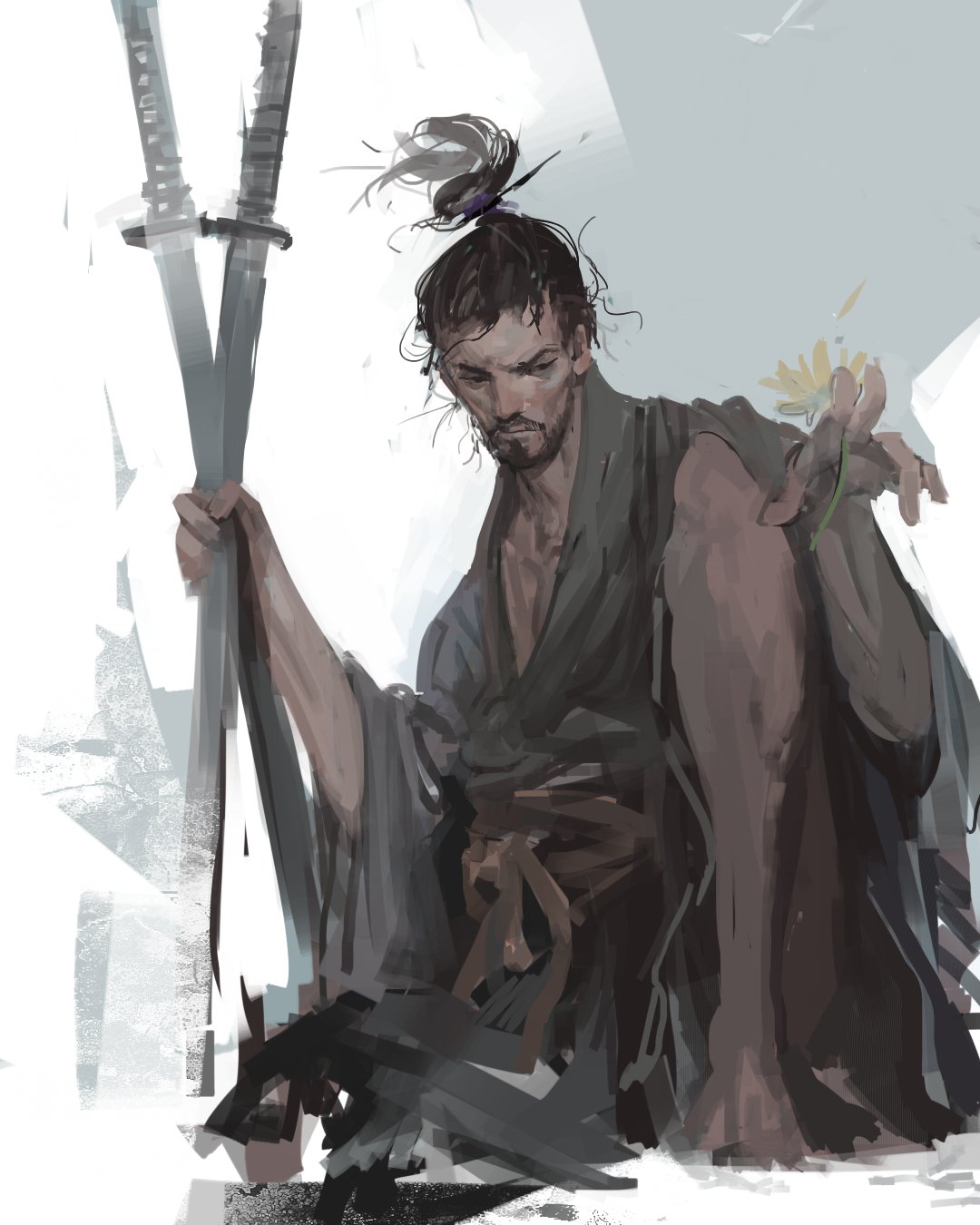 1boy, beard, black_hair, closed_mouth, facial_hair, highres, holding, holding_sword