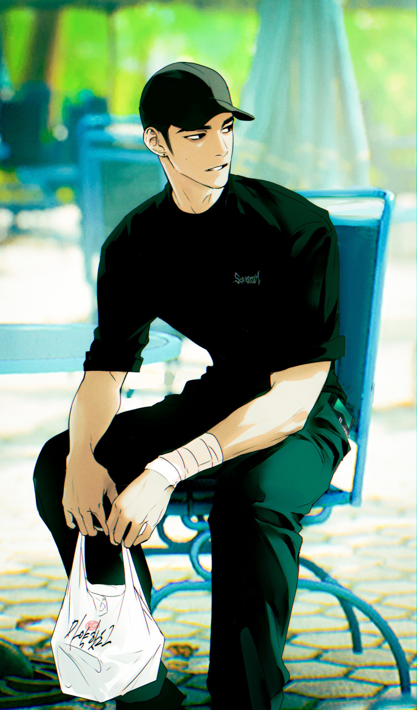1boy, absurdres, bag, bandaged_arm, bandages, baseball_cap, black_eyes, black_hair