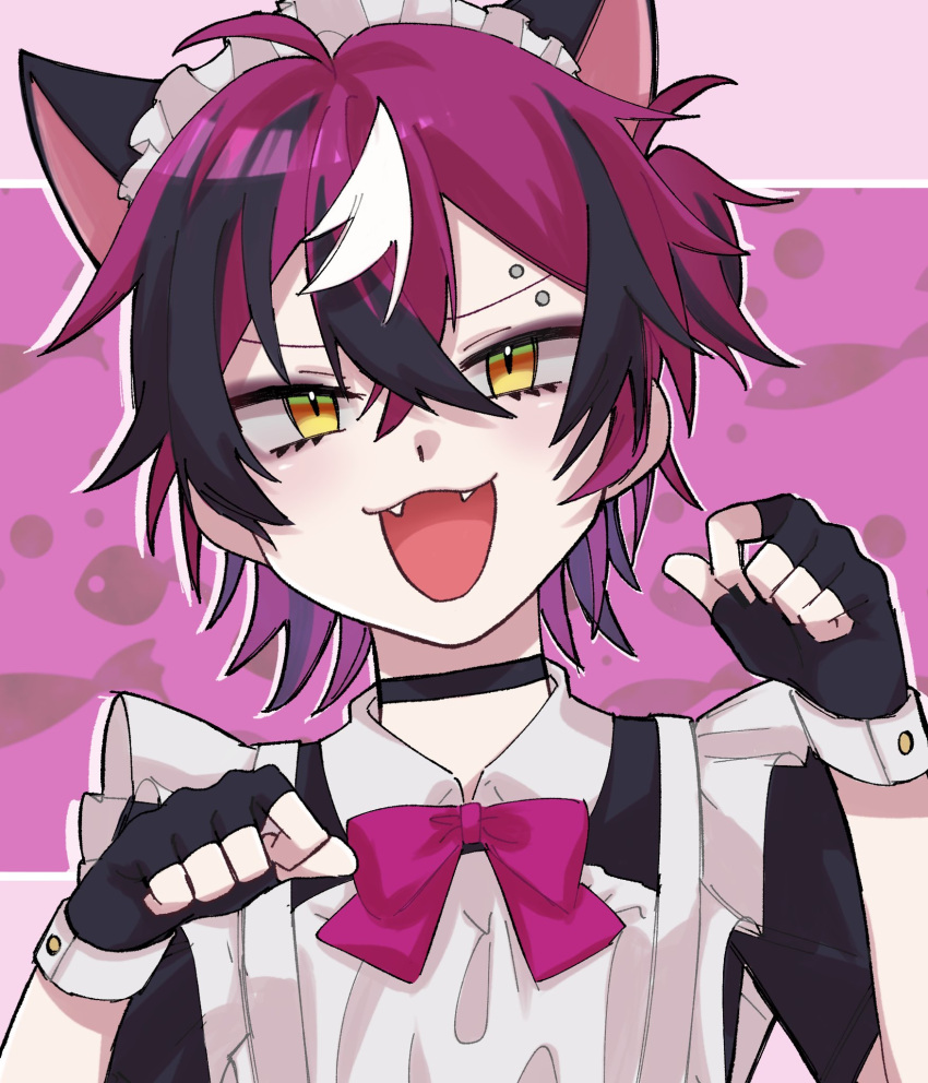 1boy, animal_ears, apron, arms_up, black_gloves, cat_ears, collared_dress, commentary
