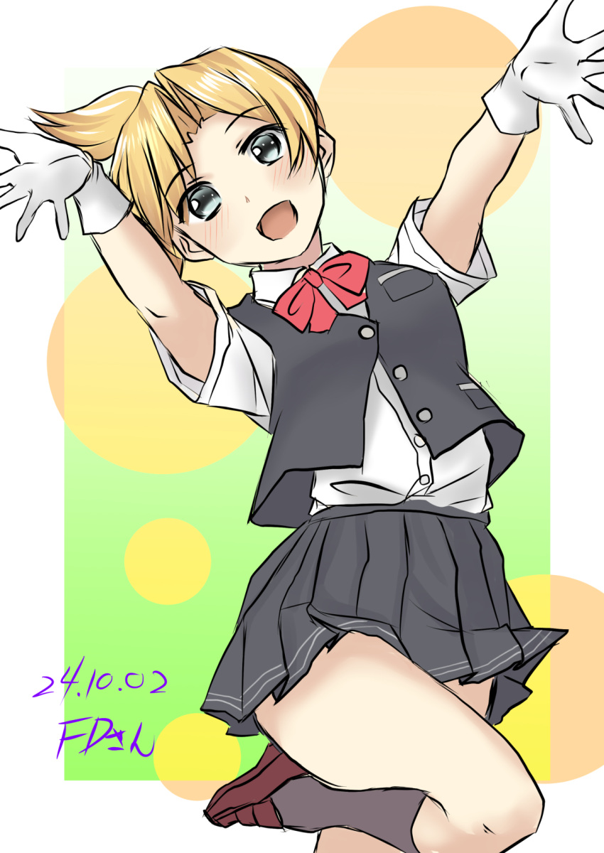 1girl, artist_name, blonde_hair, bow, bowtie, collared_shirt, dated, dress_shirt, fd_(fd_sanmaru), gloves, green_eyes, grey_hair, grey_skirt, grey_socks, grey_vest, highres, kantai_collection, maikaze_(kancolle), one-hour_drawing_challenge, pleated_skirt, ponytail, red_bow, red_bowtie, school_uniform, shirt, short_hair, skirt, smile, socks, solo, standing, standing_on_one_leg, vest, white_gloves, white_shirt