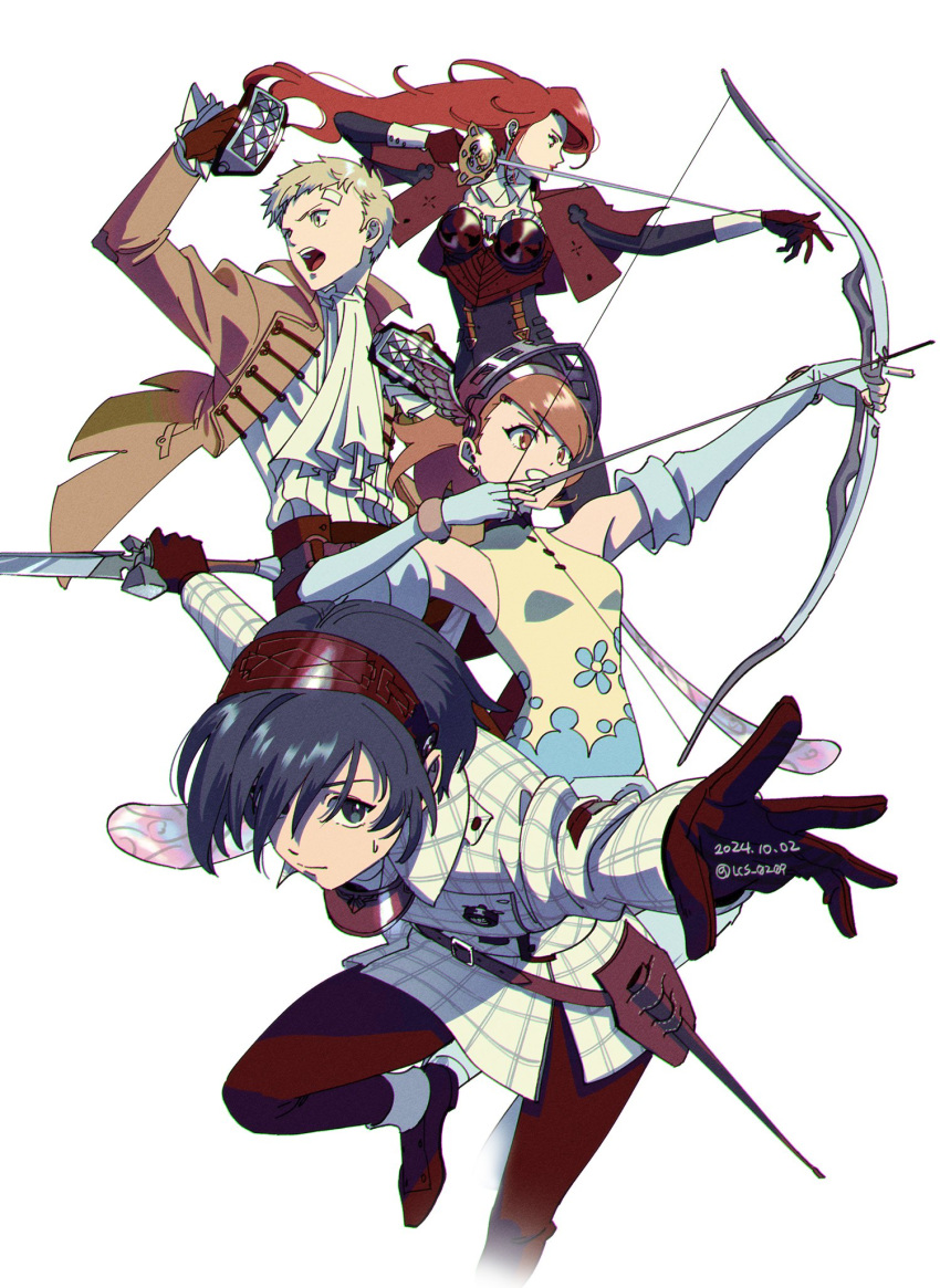 2boys, 2girls, aiming, ascot, bandage_on_face, bandage_over_one_eye, bandages, bare_shoulders, belt, belt_buckle, black_belt, black_pants, blonde_hair, blue_hair, bow_(weapon), brass_knuckles, brown_coat, brown_gloves, brown_hair, buckle, bustier, coat, collared_coat, commentary_request, cosplay, cropped_jacket, crossover, dated, dress, ear_piercing, earrings, elbow_gloves, fairy_wings, fake_horns, floating_hair, floral_print, frills, gallica_(metaphor:_refantazio), gallica_(metaphor:_refantazio)_(cosplay), gloves, hair_over_one_eye, headband, helmet, highres, holding, holding_sword, holding_weapon, holster, horned_helmet, horns, hulkenberg_(metaphor:_refantazio), hulkenberg_(metaphor:_refantazio)_(cosplay), jacket, jewelry, kirijou_mitsuru, korean_commentary, lcs_0209, long_hair, long_sleeves, looking_at_viewer, metaphor:_refantazio, multiple_boys, multiple_girls, one_eye_covered, open_mouth, outstretched_arms, pants, patterned_clothing, persona, persona_3, piercing, protagonist_(metaphor:_refantazio), protagonist_(metaphor:_refantazio)_(cosplay), rapier, red_jacket, redhead, sanada_akihiko, shirt_tucked_in, short_hair, sleeve_cuffs, sleeveless, sleeveless_dress, strohl_(metaphor:_refantazio), strohl_(metaphor:_refantazio)_(cosplay), sweat, sweatdrop, sword, takeba_yukari, teeth, twitter_username, upper_teeth_only, weapon, white_ascot, white_coat, white_gloves, wing_collar, wings, yuuki_makoto_(persona_3)