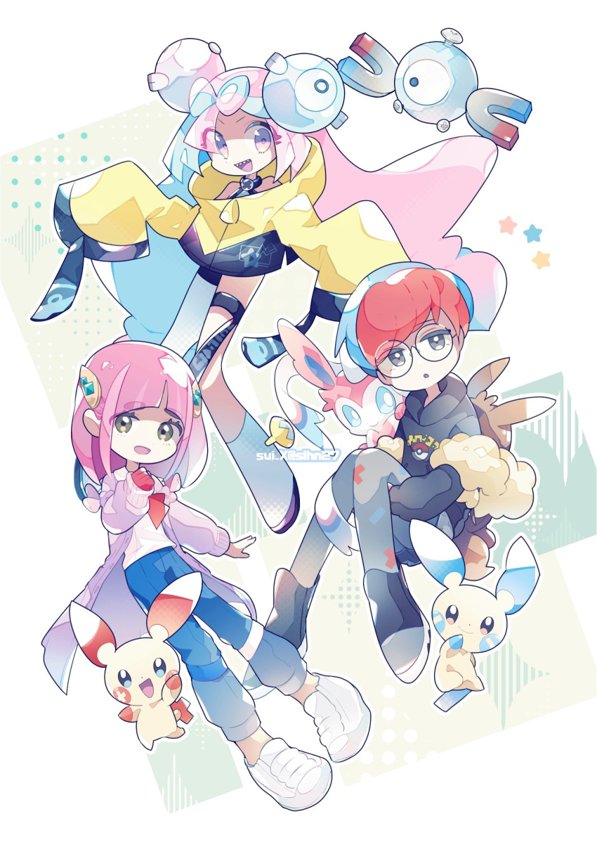 3girls, :d, :o, black_hoodie, blue_eyes, blue_fur, blue_hair, blue_pants
