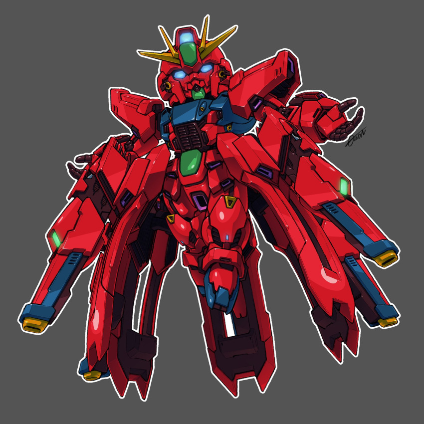 blue_eyes, chibi, english_commentary, f91_gundam, full_body, fusion, grey_background, gundam
