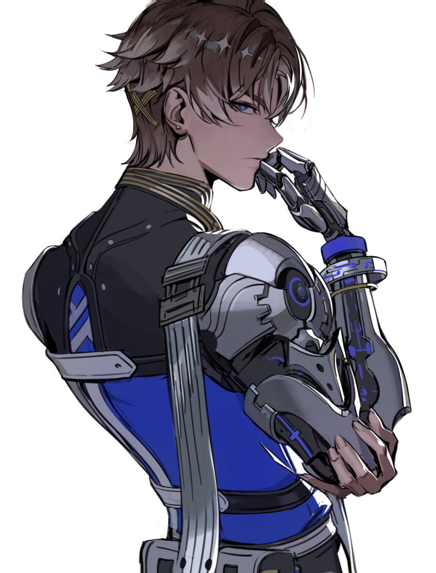 1boy, blue_eyes, blue_shirt, brown_hair, chadetteisgiga, closed_mouth, commentary, crossed_bangs