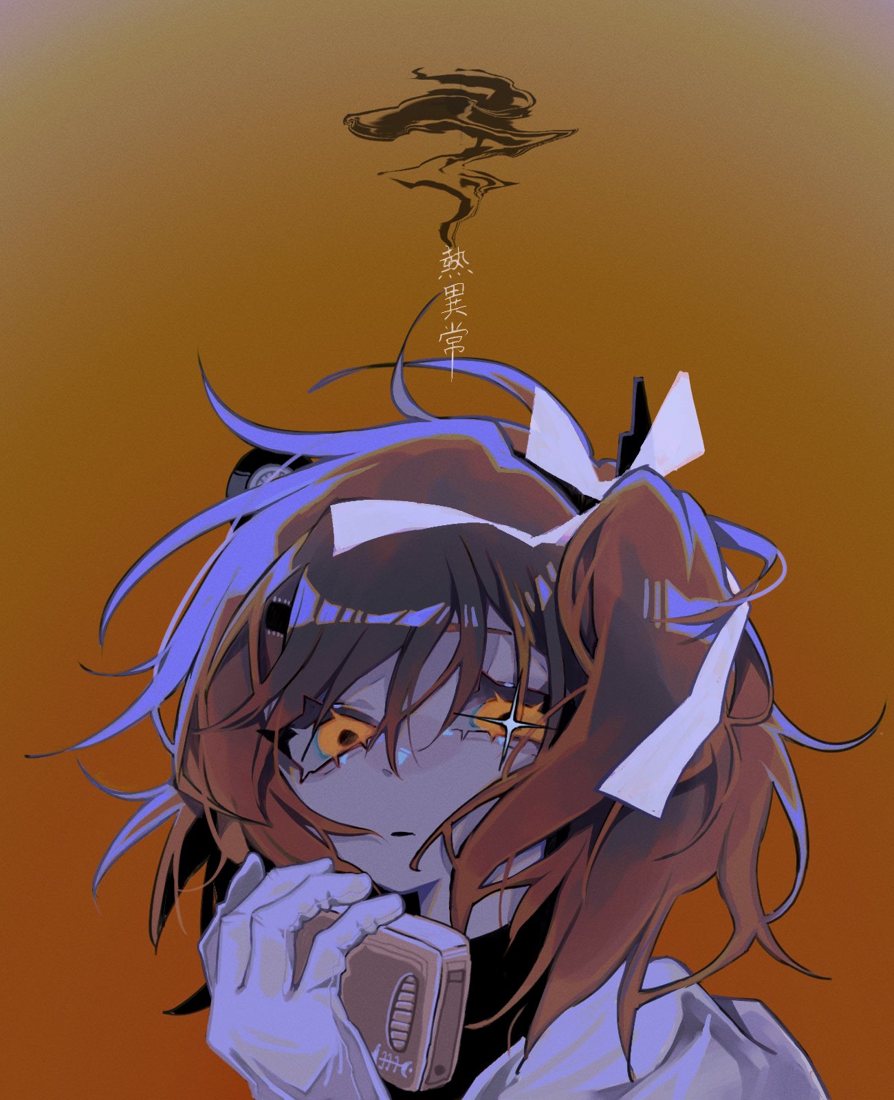1girl, a.i._voice, adachi_rei, black_shirt, commentary_request, floating_hair, gloves, gradient_background, hair_ribbon, half-closed_eyes, hand_up, headlamp, highres, holding, hood, hood_down, looking_at_viewer, medium_hair, morning_nemui, netsu_ijou_(utau), orange_background, orange_eyes, orange_hair, parted_lips, portrait, ribbon, shirt, solo, song_name, sparkling_eyes, translation_request, utau, white_gloves, white_ribbon