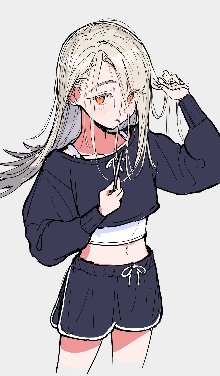 1girl, blonde_hair, crop_top, ear_piercing, gakuen_idolmaster, gym_shorts, hair_over_one_eye, highres, idolmaster, ippan_gakumasup, long_hair, midriff, navel, orange_eyes, piercing, shinosawa_hiro, shorts, simple_background, white_background