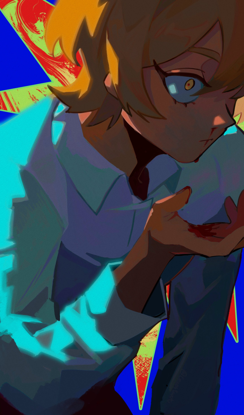 1boy, absurdres, backlighting, blonde_hair, blood, blood_drip, blood_on_hands, closed_mouth, collared_shirt, english_commentary, guestwot, highres, limbus_company, long_sleeves, looking_ahead, male_focus, nosebleed, project_moon, shirt, short_hair, sinclair_(project_moon), solo, upper_body, white_shirt, wide-eyed, yellow_eyes