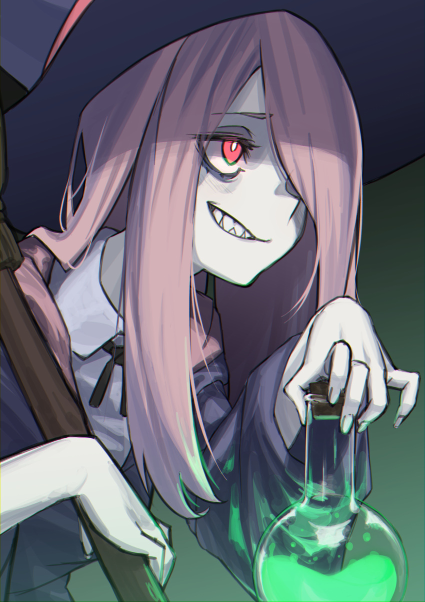 1girl, blue_robe, broom, colored_skin, grey_skin, grin, hair_over_one_eye, haishima_xv