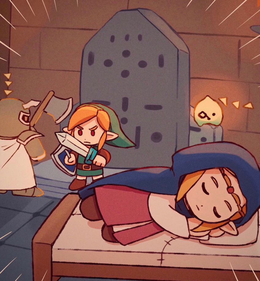 1boy, 1girl, armor, bed, blue_cloak, chibi, cloak, green_tunic