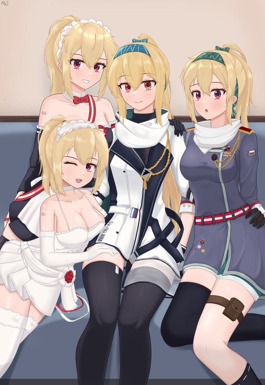 4girls, :d, :o, absurdres, bare_shoulders, blonde_hair, blue_hairband, breasts