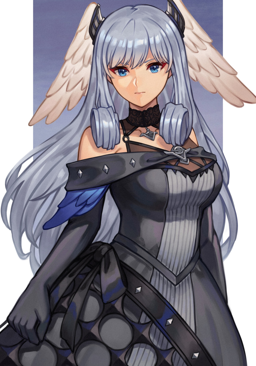 1girl, 20060715, absurdres, blue_eyes, breasts, curly_hair, dress, elbow_gloves