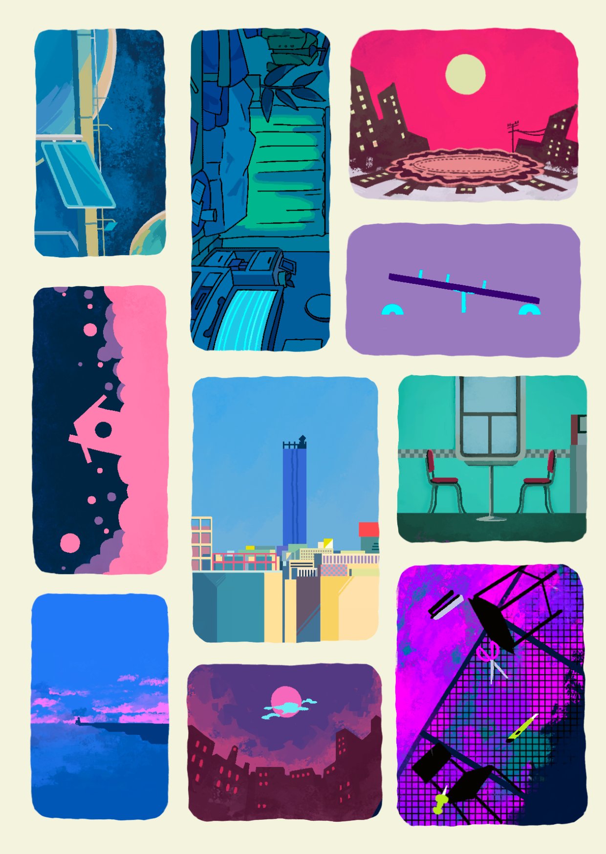 alone_(vocaloid), bedroom, billboard, blue_sky, bug_(vocaloid), building, chain-link_fence, chair