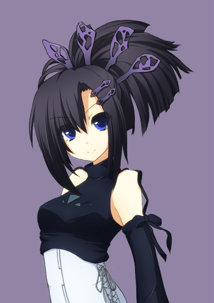 1girl, bangs, bare_shoulders, black_hair, blue_eyes, bust, detached_sleeves, elemental_gelade